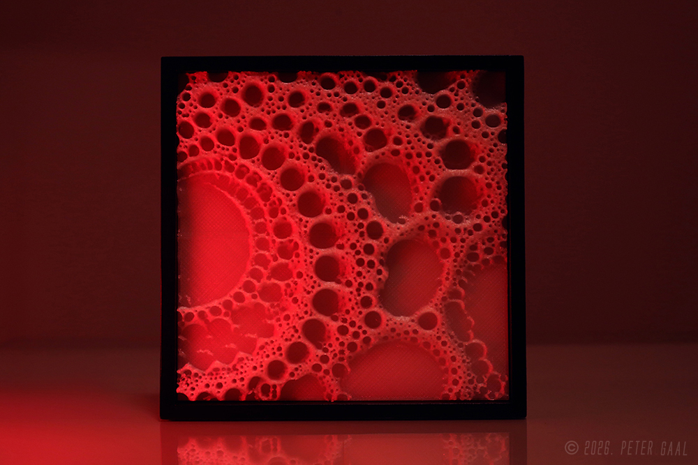 Red embossed in a black frame. Psychedelic fractal with organic shapes, created in memory of Syd Barrett and inspired by the music of Pink Floyd. Contemporary artwork.