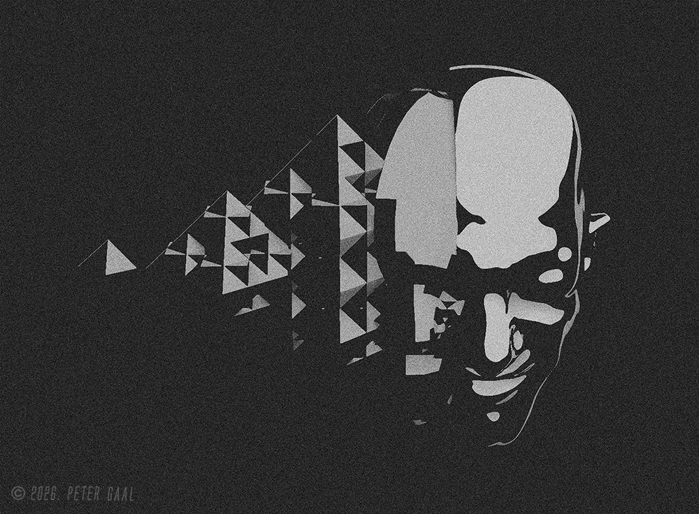 An ink drawing depicting ego-death, based on Buddhist philosophy. A half-face that first transforms into a geometric shape and then into fractal geometry.